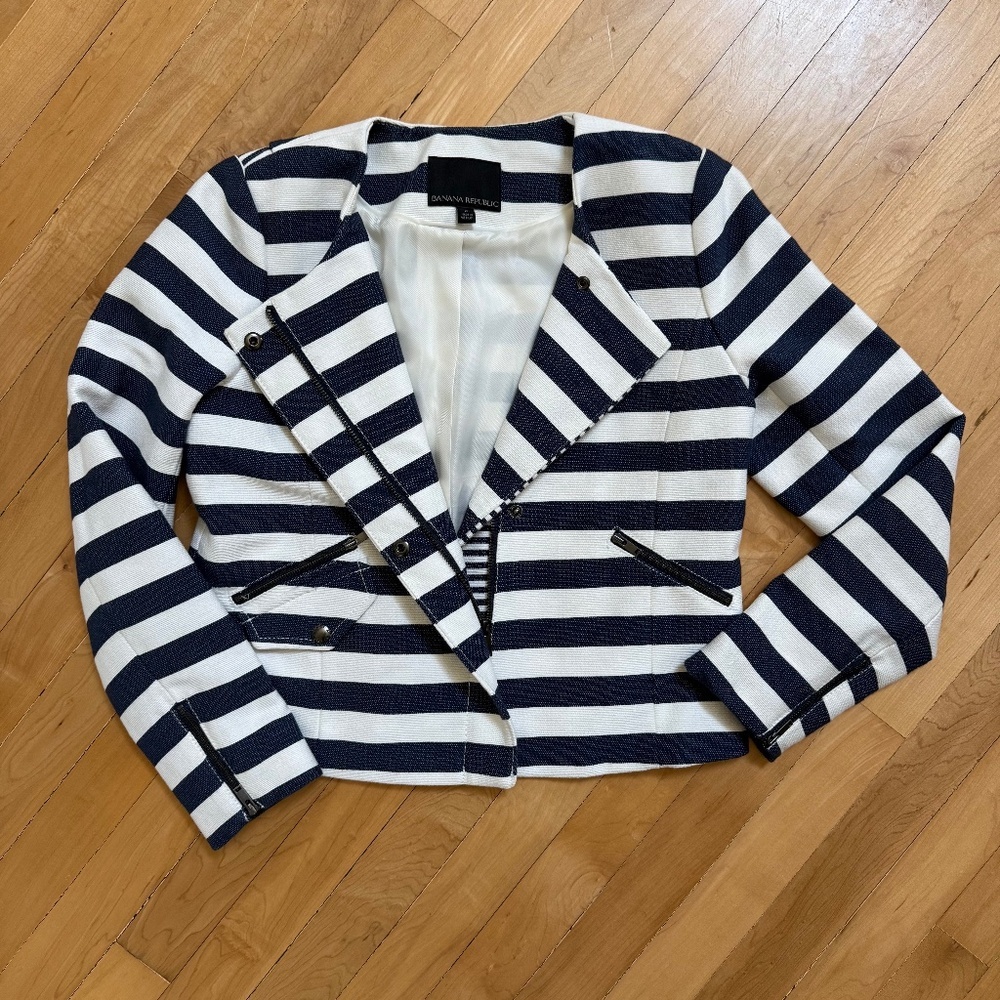 Banana Republic Nautical Moto Jacket Striped Navy & White Size 2